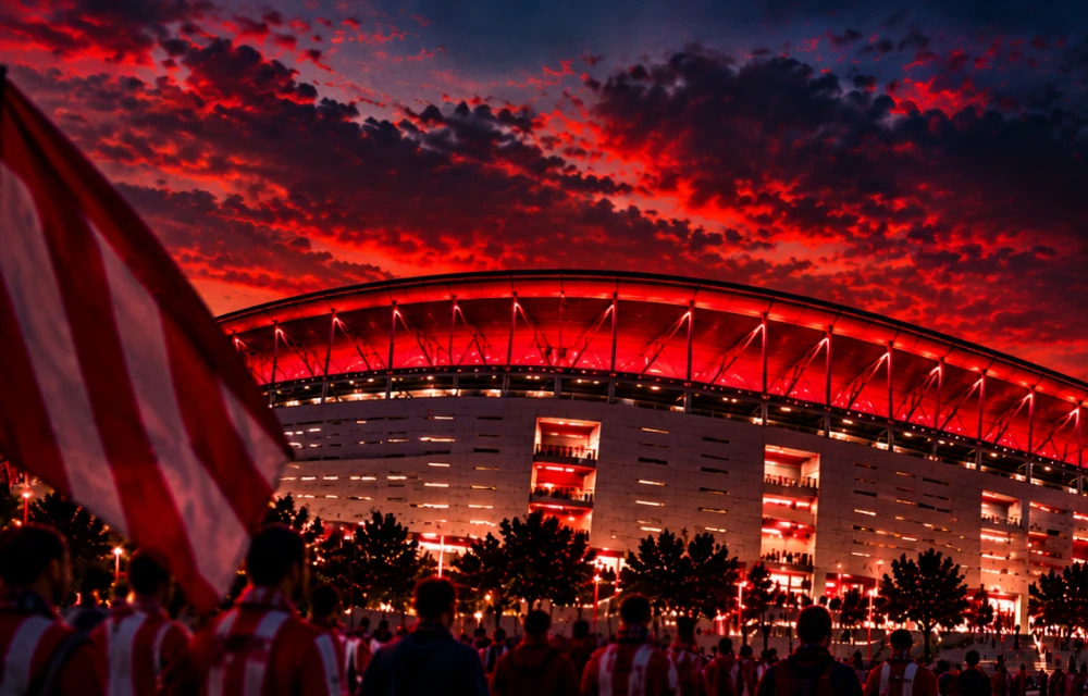 Estadio iluminado en rojo al anochecer